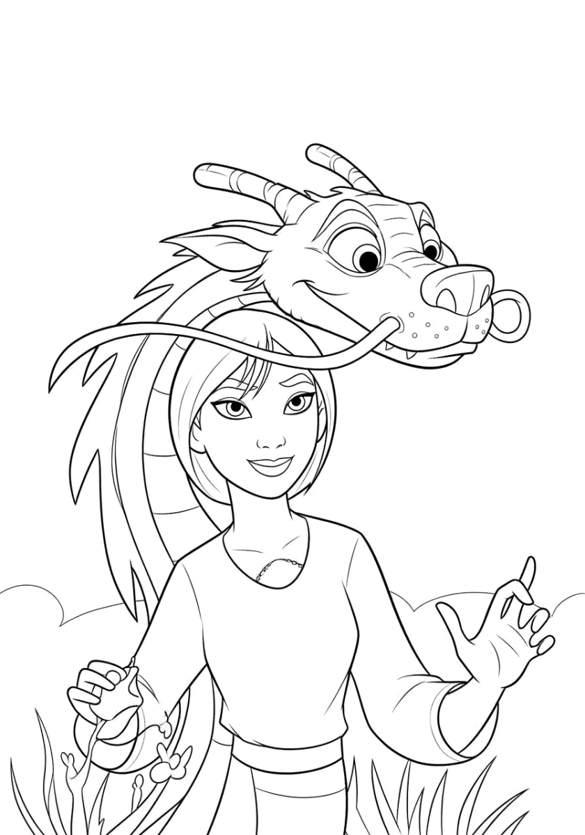 Mulan e o dragão Mushu para colorir