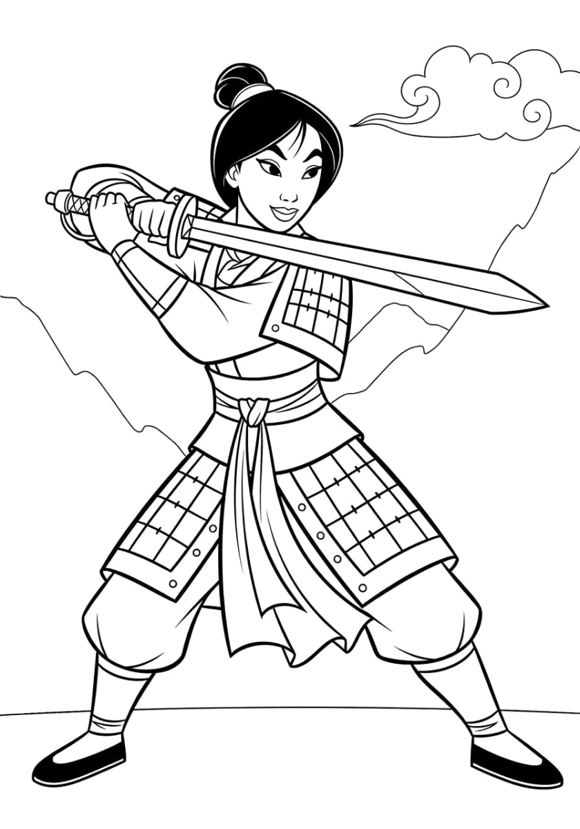 Mulan em pose de luta com a espada para colorir