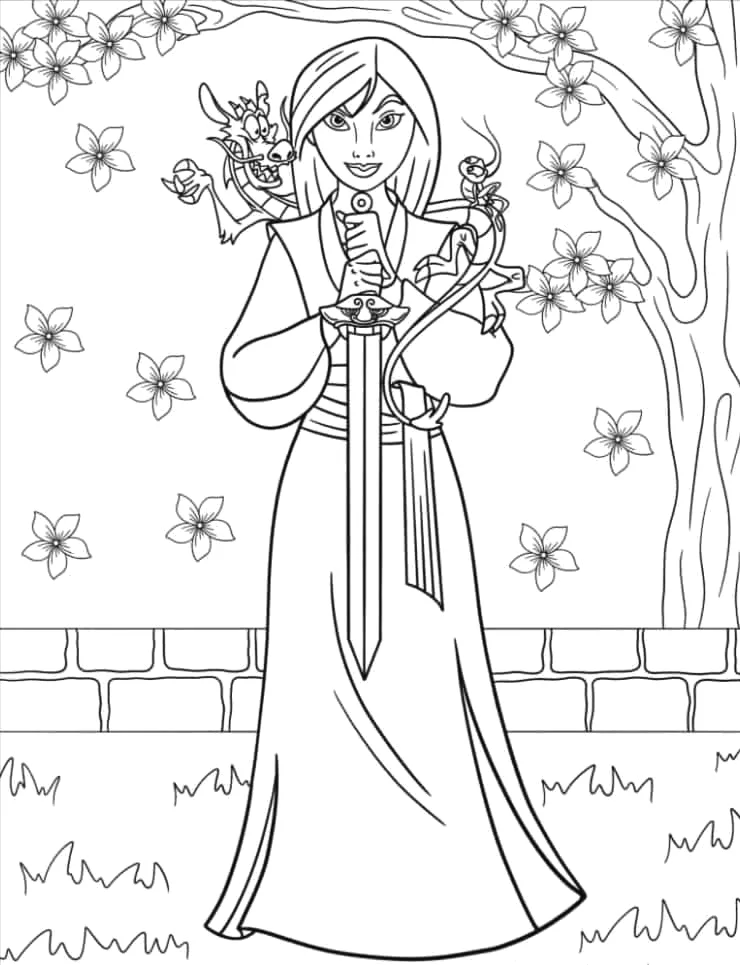 Mulan no jardim com as mãos juntas para colorir