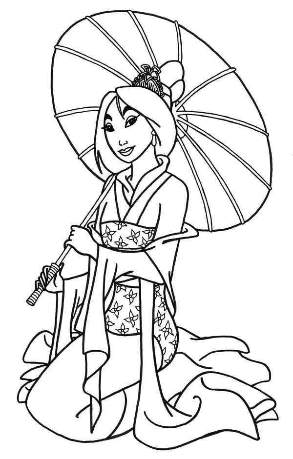 Mulan passeando com a sombrinha para colorir
