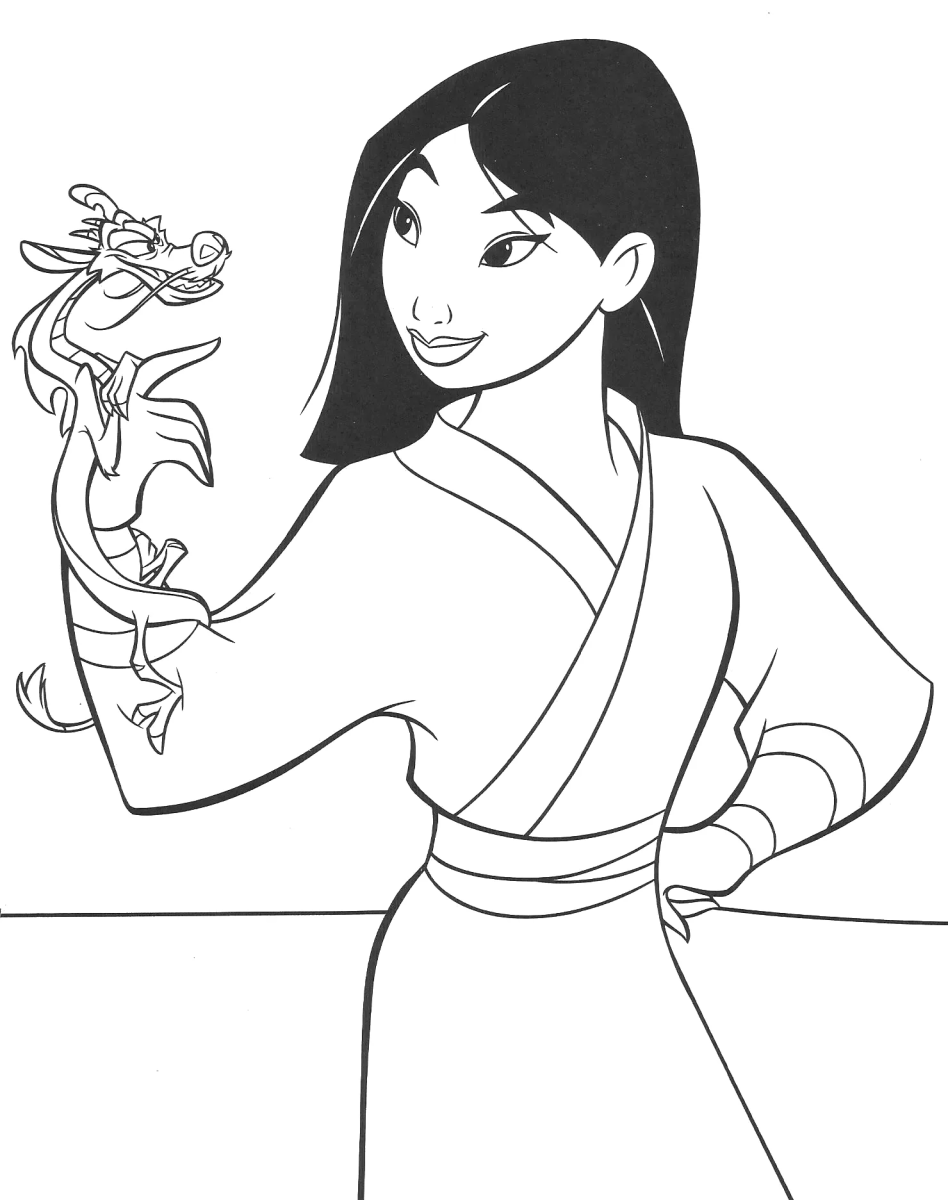 Mulan segurando o Mushu no colo para colorir