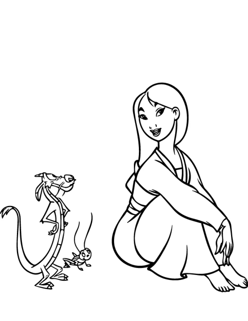Mulan sentada ao lado de Mushu para colorir