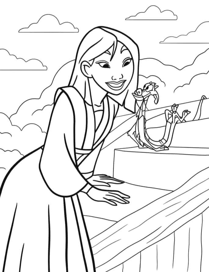 Mulan sentada na ponte com Cri-Kee para colorir