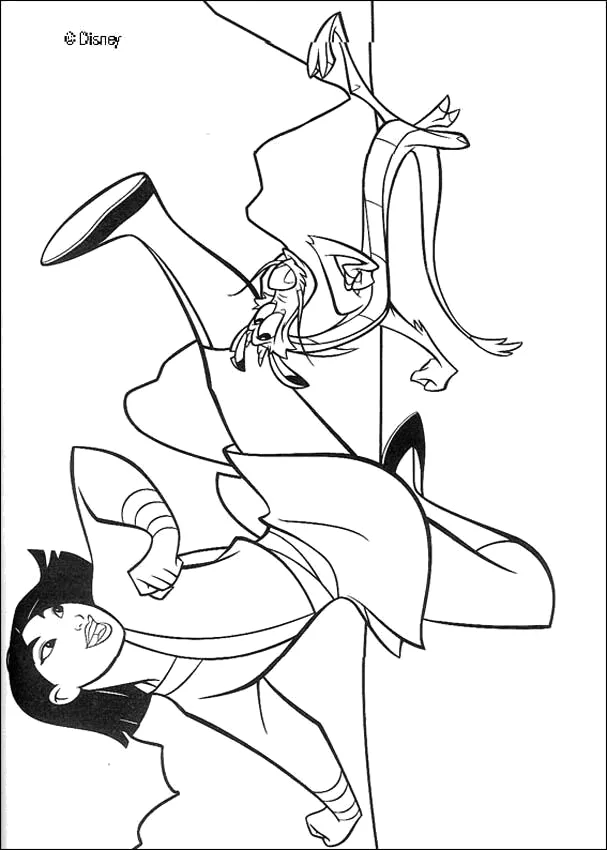 Mulan treinando com a espada e Mushu para colorir