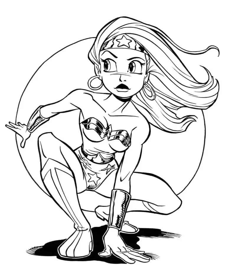 Mulher-Maravilha agachada pronta para o ataque para colorir