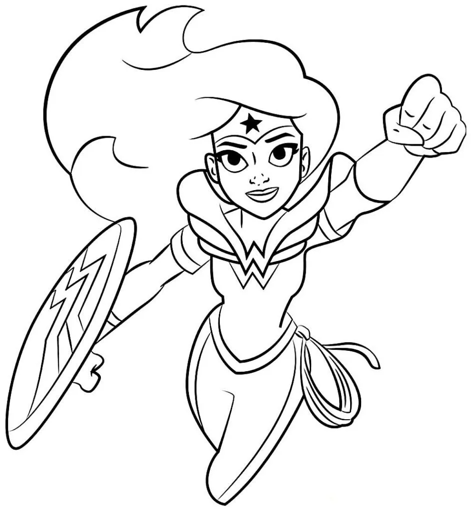 Mulher-Maravilha avançando com o escudo e o punho erguido para colorir
