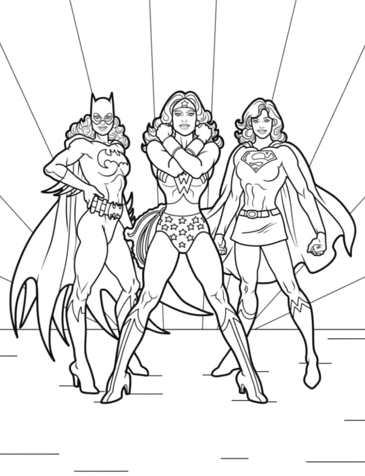 Mulher-Maravilha, Batgirl e Supergirl juntas para colorir