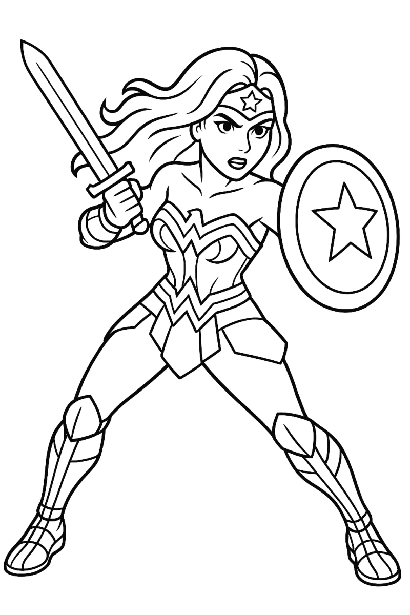 Mulher-Maravilha com a espada e o escudo para colorir
