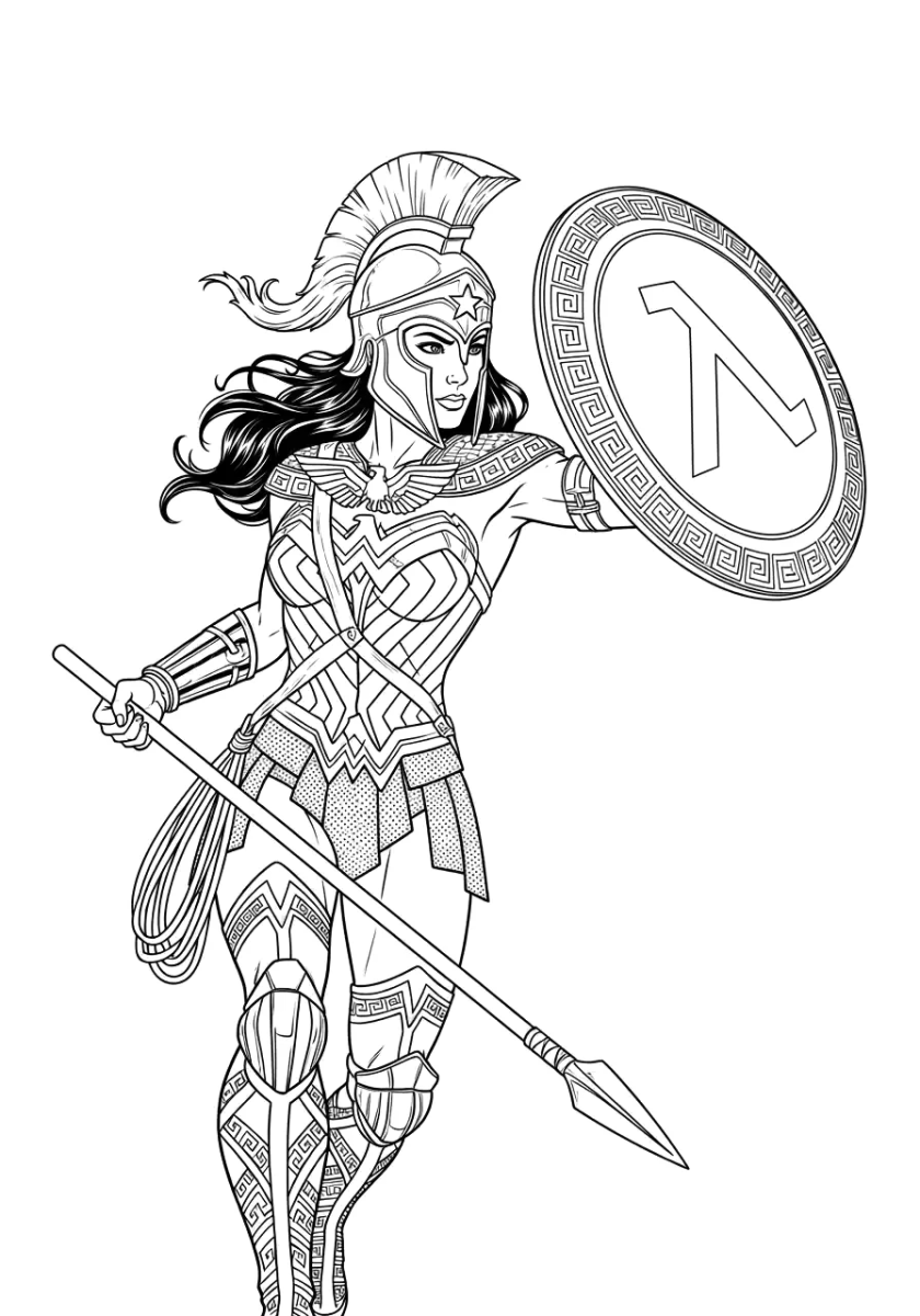 Mulher-Maravilha com lança e escudo em pose de batalha para colorir