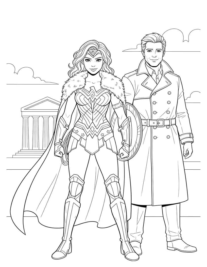 Mulher-Maravilha e Steve Trevor lado a lado para colorir