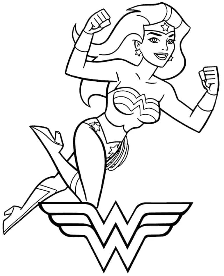 Mulher-Maravilha em pose de força com o símbolo WW para colorir