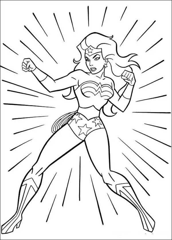 Mulher-Maravilha em pose heroica com raios de luz para colorir