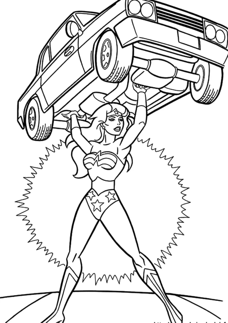 Mulher-Maravilha levantando um carro para colorir