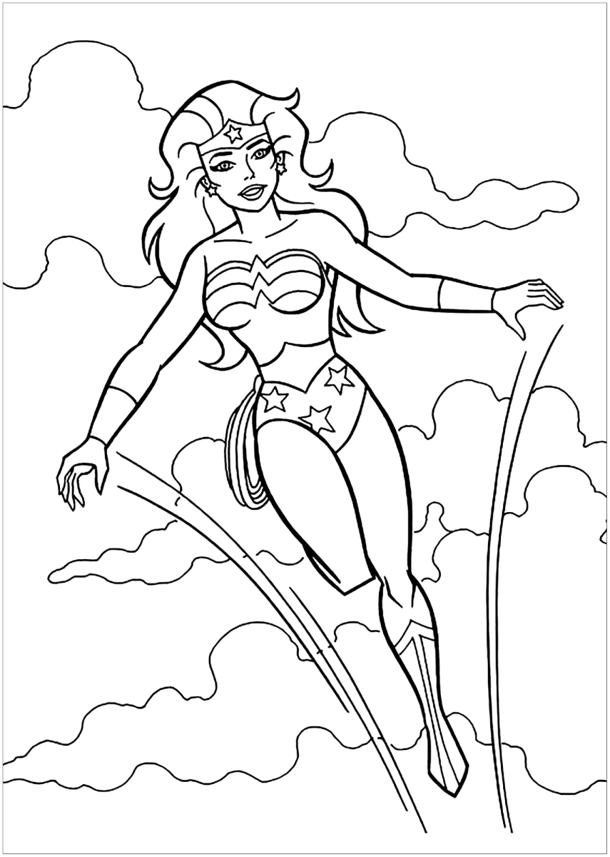 Mulher-Maravilha voando entre as nuvens com o laço para colorir