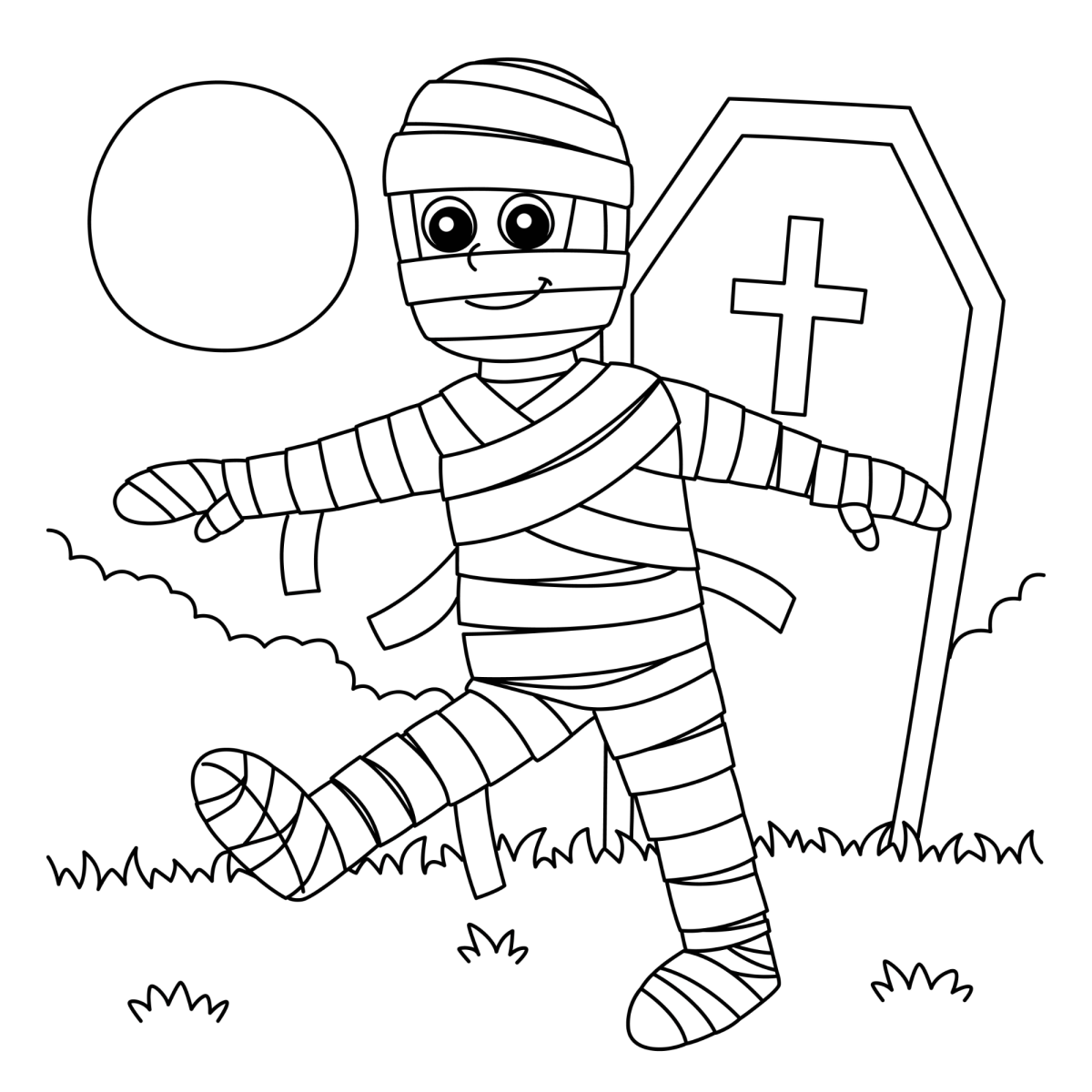 Múmia caminhando no cemitério ao luar para colorir