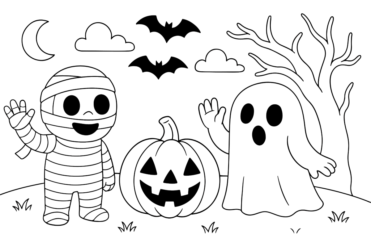 Múmia com abóbora e fantasma na floresta para colorir