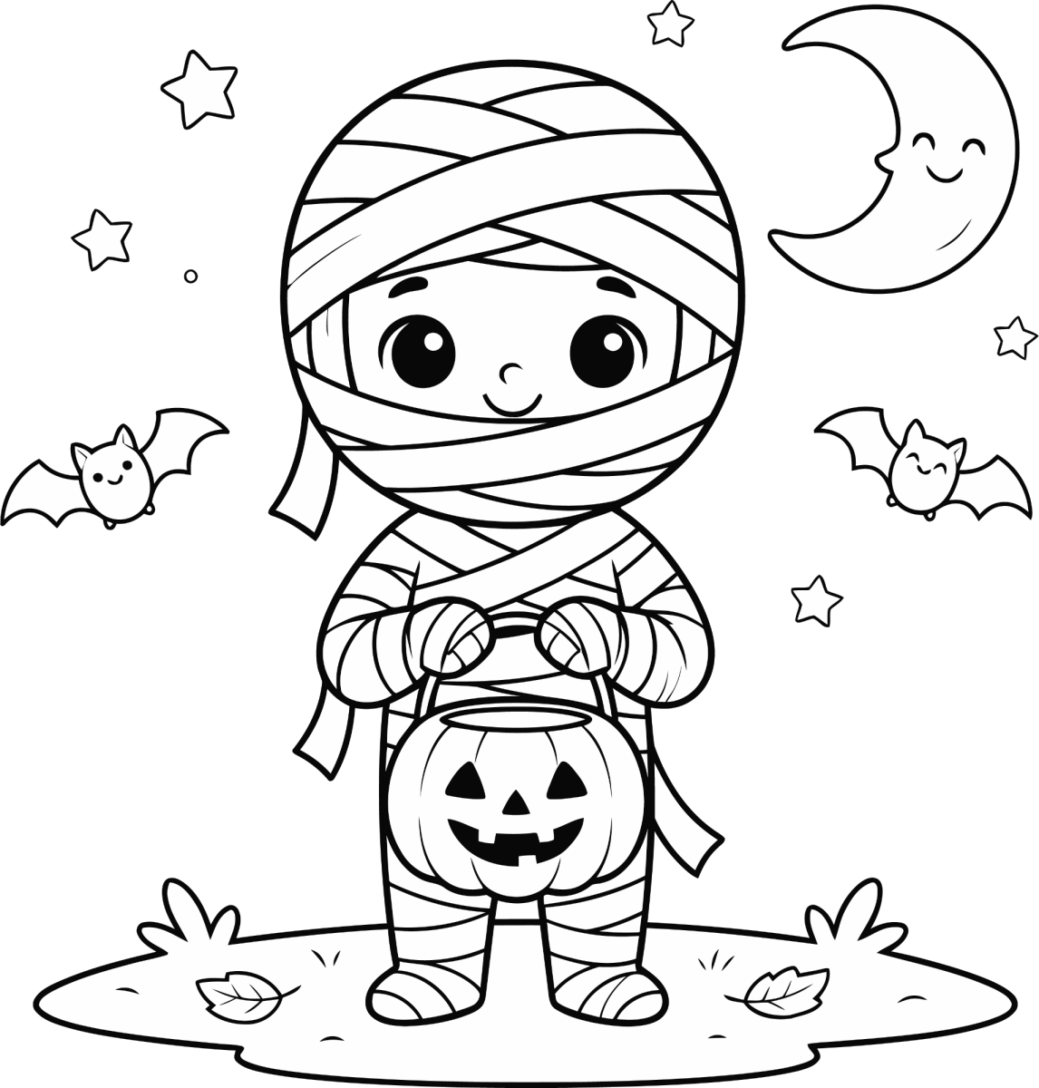 Múmia com balde de abóbora na noite de Halloween para colorir