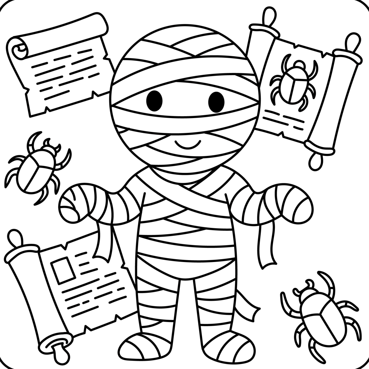 Múmia com pergaminhos e escaravelhos para colorir