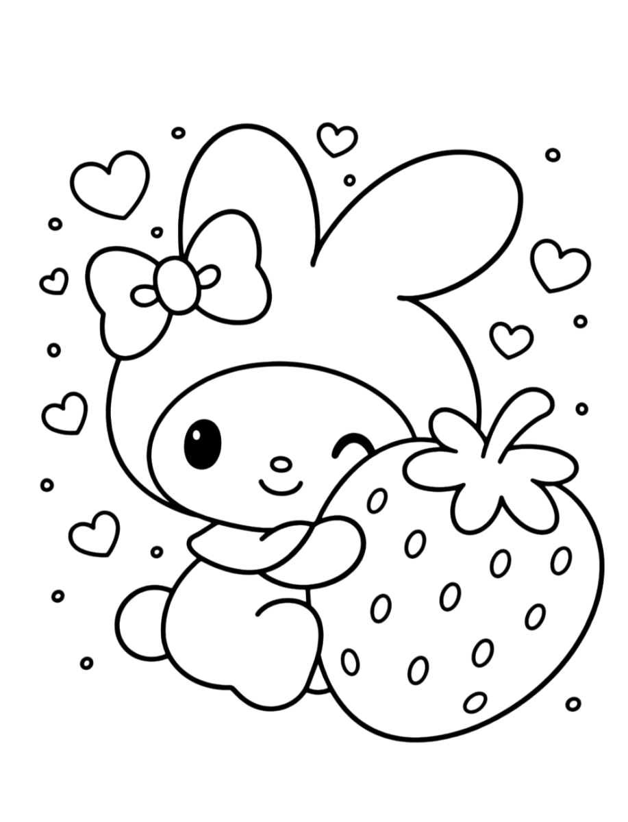 My Melody abraçando um morango gigante para colorir