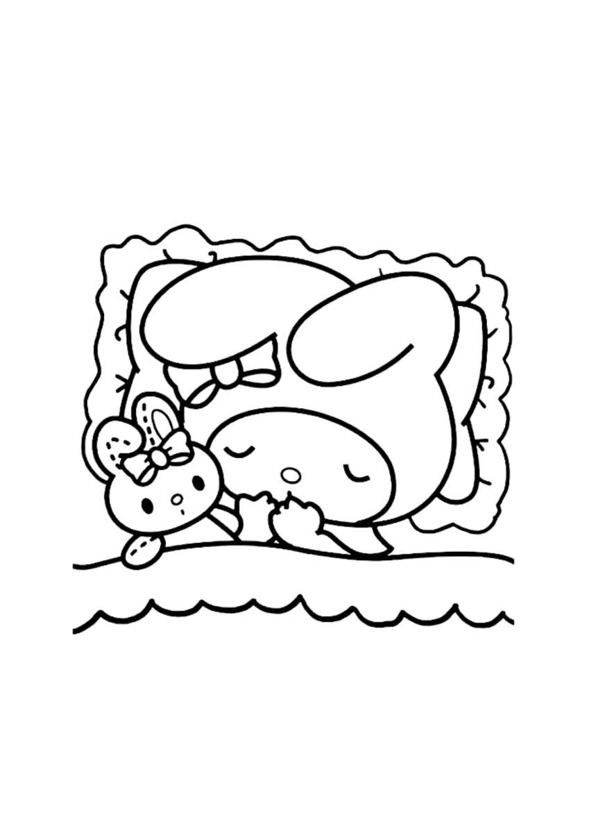 My Melody com fita e lacinho na moldura para colorir