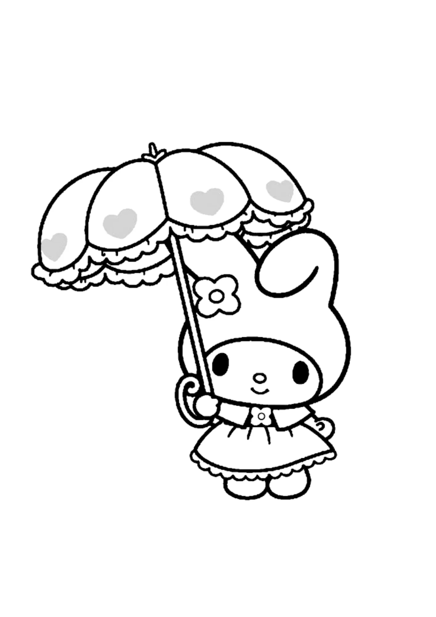 My Melody com guarda-chuva de corações para colorir