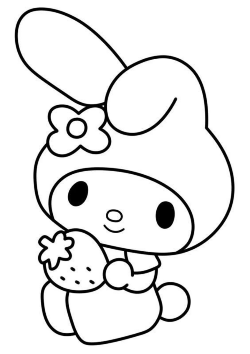 My Melody com um morango no colo para colorir