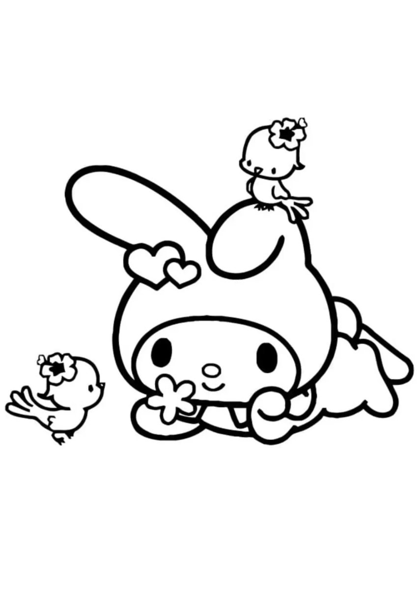 My Melody com um passarinho e uma florzinha para colorir