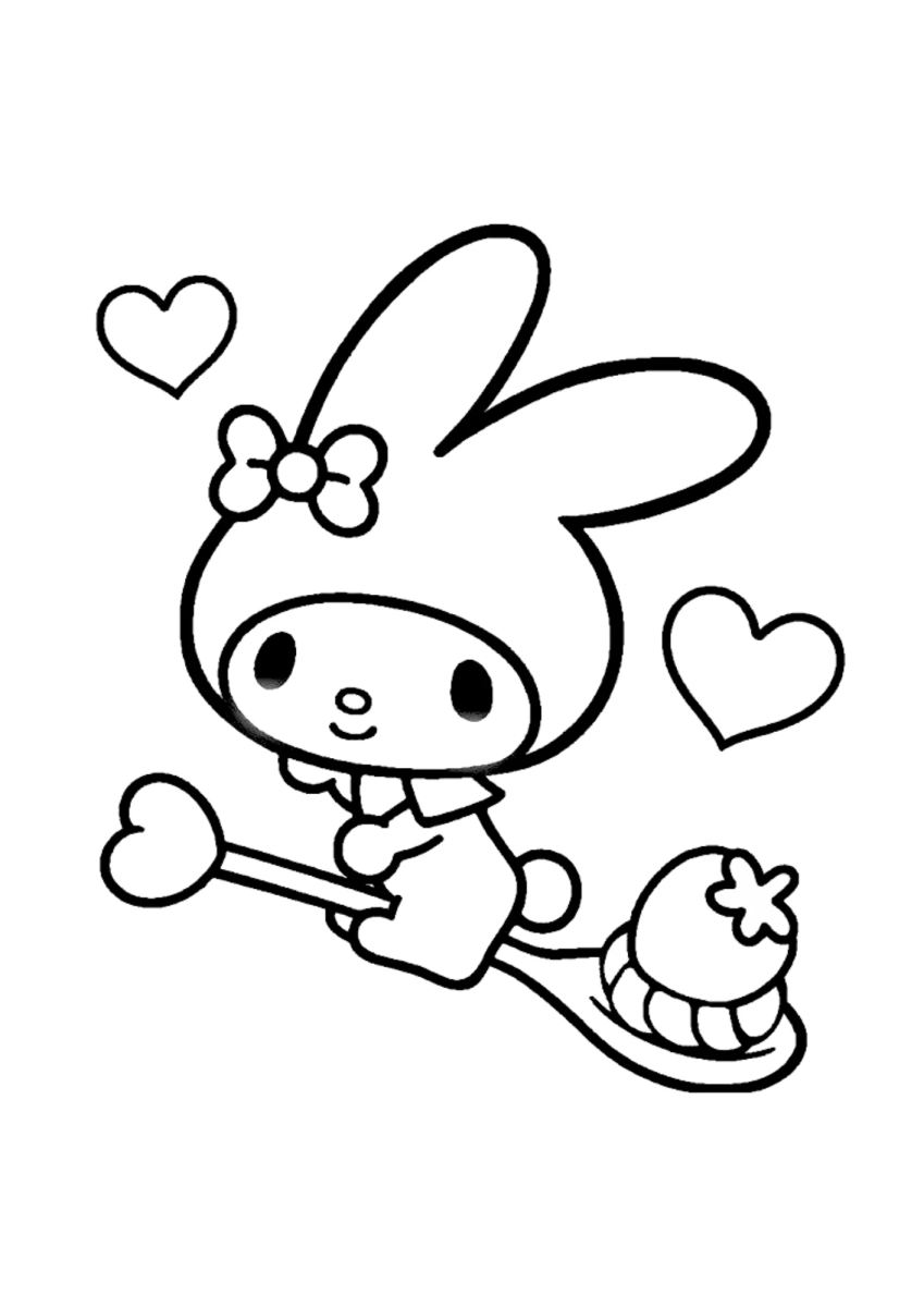 My Melody correndo com um coração para colorir