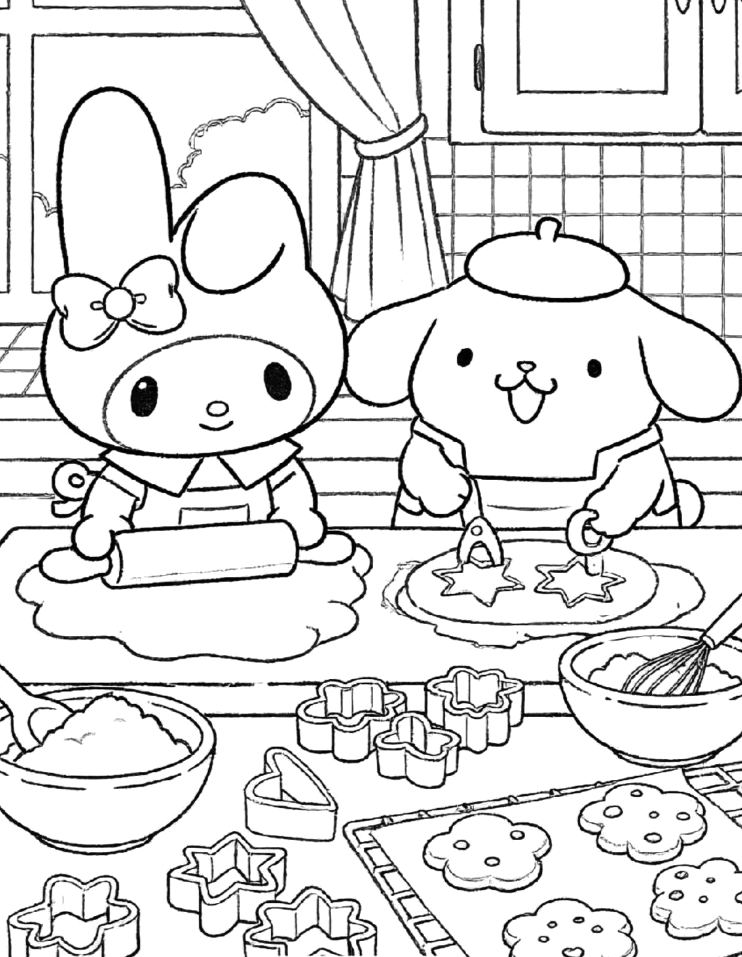 My Melody e Pompompurin fazendo biscoitos na cozinha para colorir