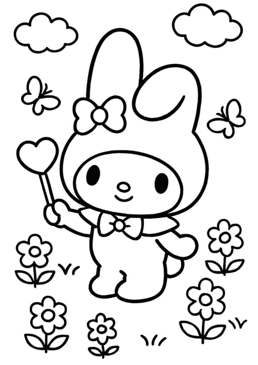 My Melody no jardim com flores e nuvens para colorir