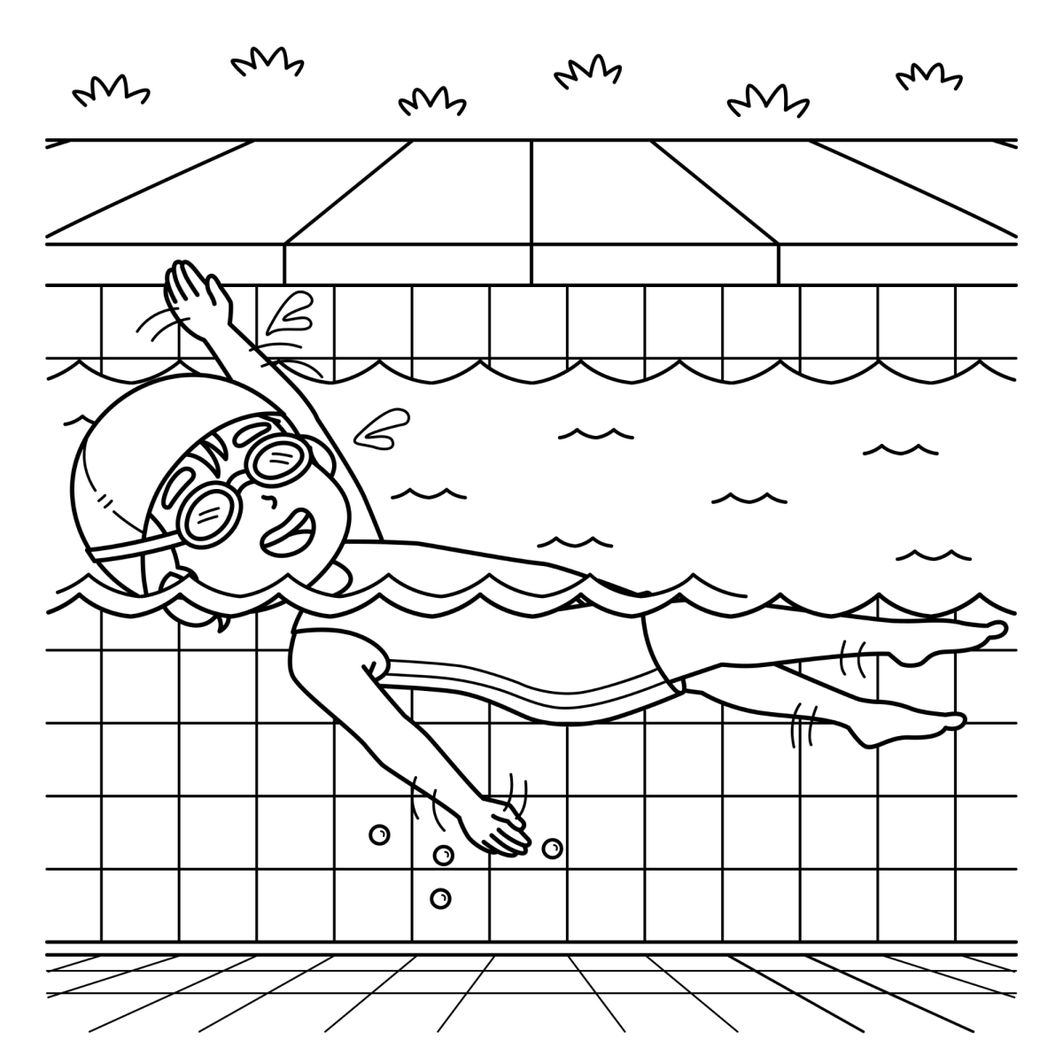 Nadador de touca nadando na raia da piscina para colorir