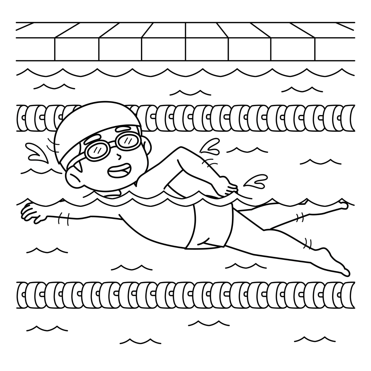 Nadadora de touca nas raias da piscina para colorir