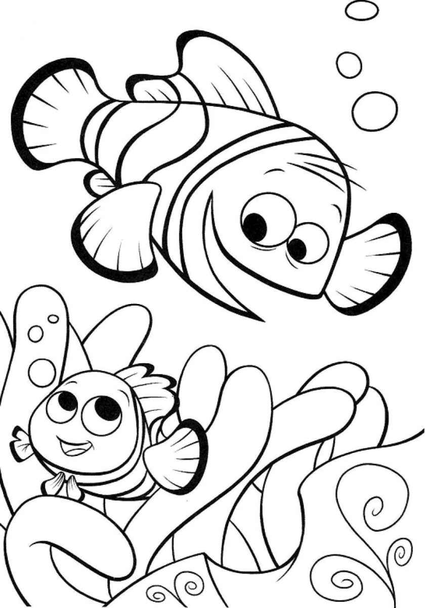 Nemo e Dory entre os corais para colorir