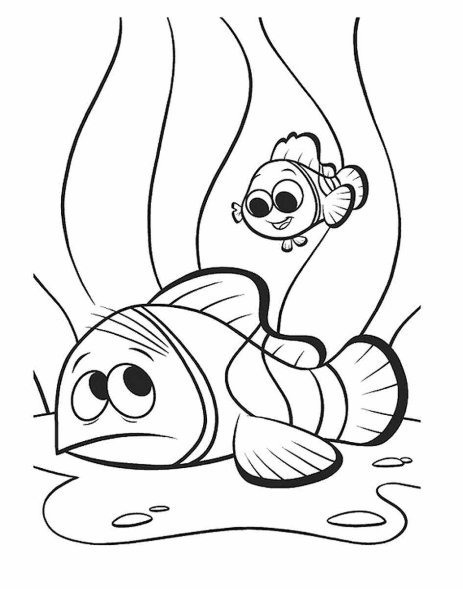 Nemo e Marlin nadando entre as algas para colorir