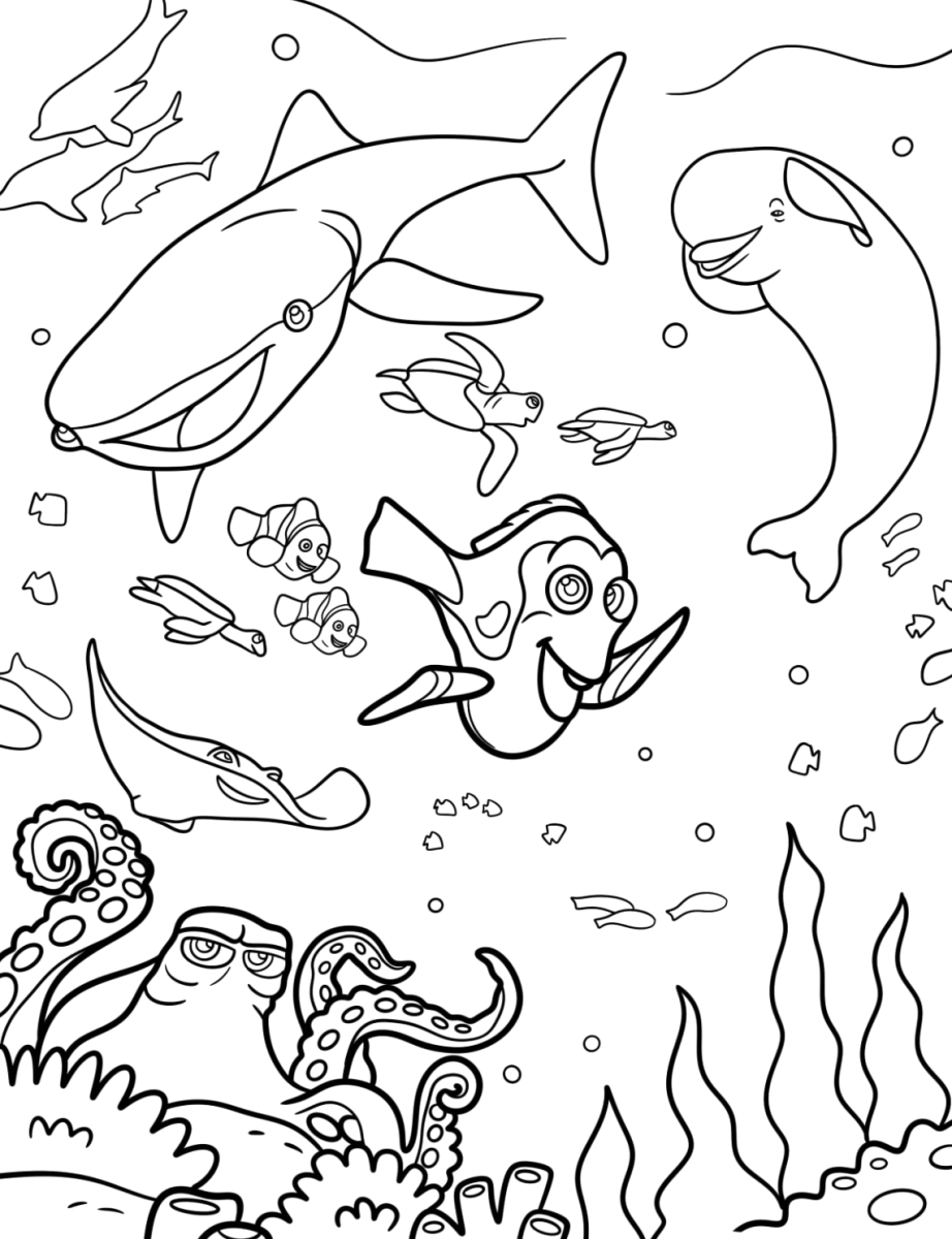 Nemo e os amigos no recife de corais para colorir