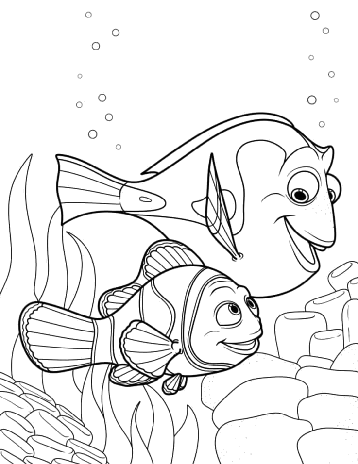 Nemo nadando entre as anêmonas para colorir