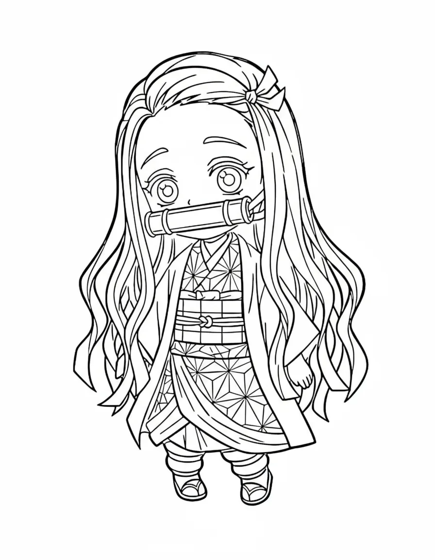 Nezuko de pé com a mordaça de bambu para colorir