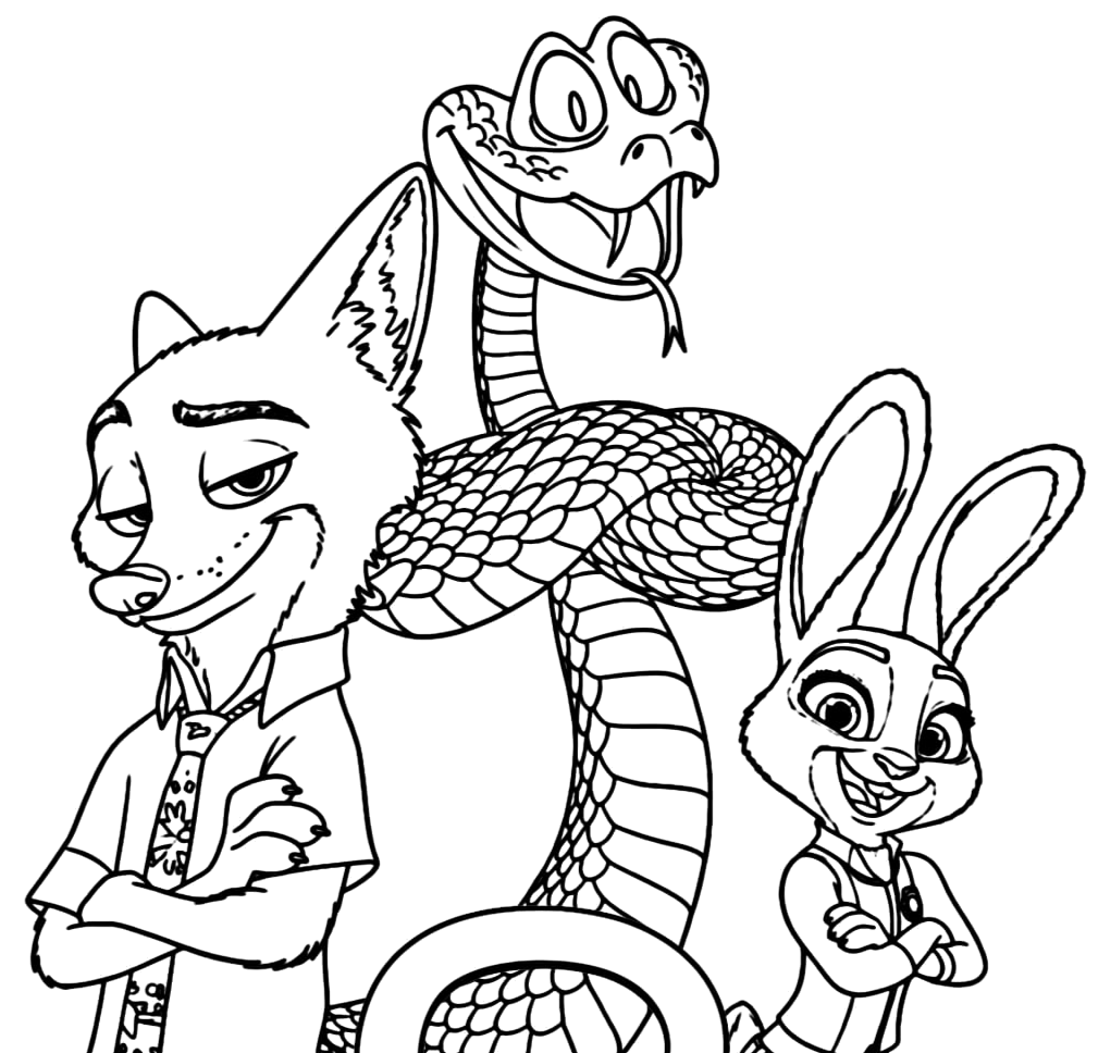Nick Wilde, Judy Hopps e a cobra Gary de Zootopia 2 para colorir