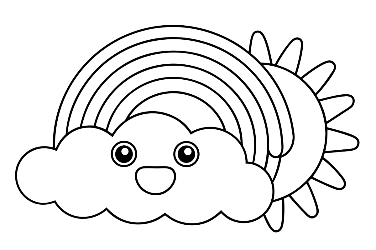 Nuvem feliz com arco-íris e sol para colorir