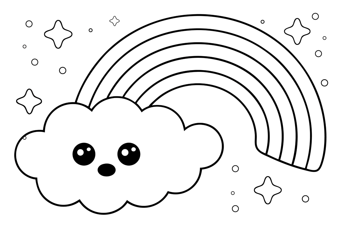 Nuvem sorridente com arco-íris e estrelas para colorir