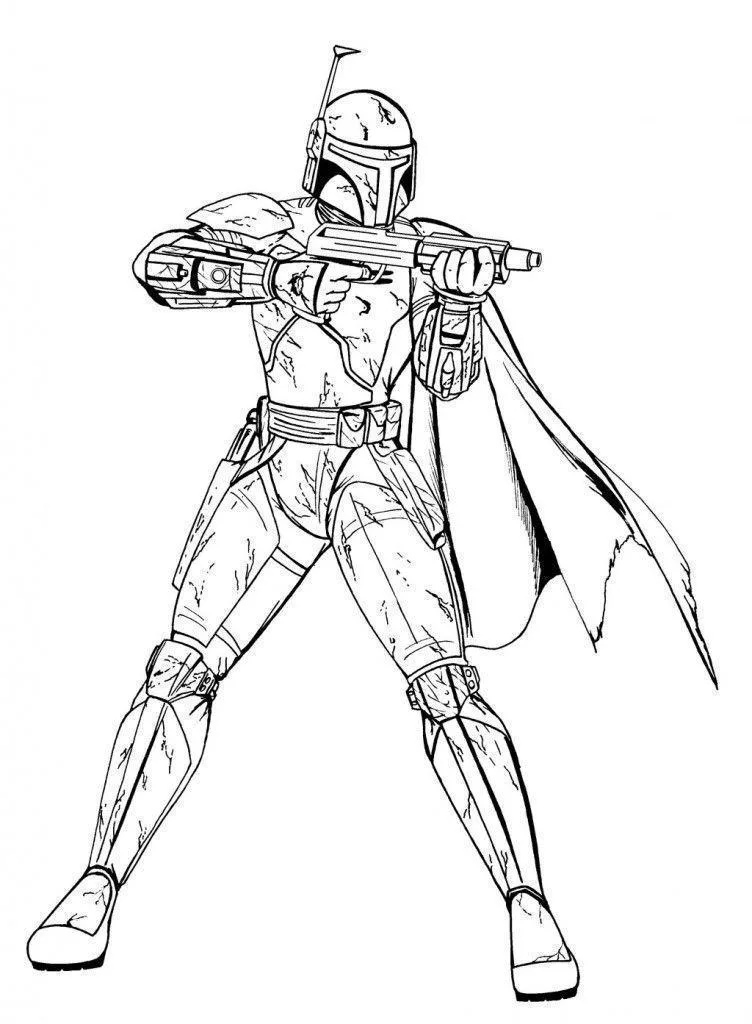 O Mandaloriano mirando o blaster para colorir