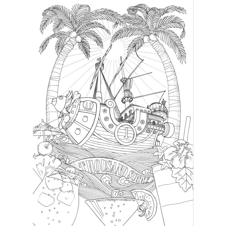 O navio Thousand Sunny entre palmeiras para colorir