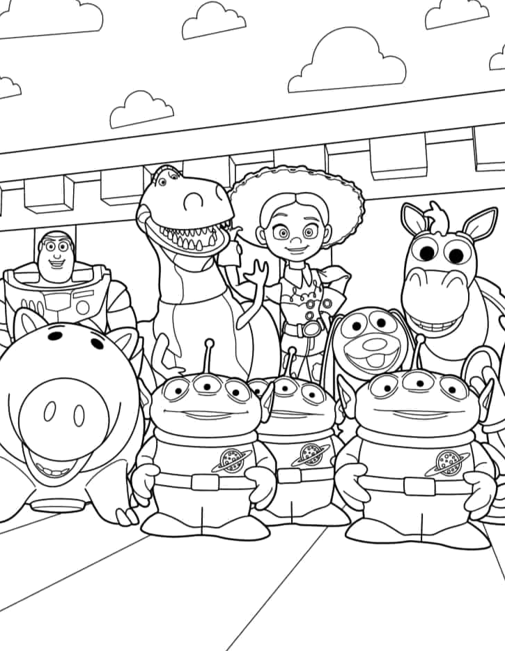 Os brinquedos reunidos no quarto para colorir