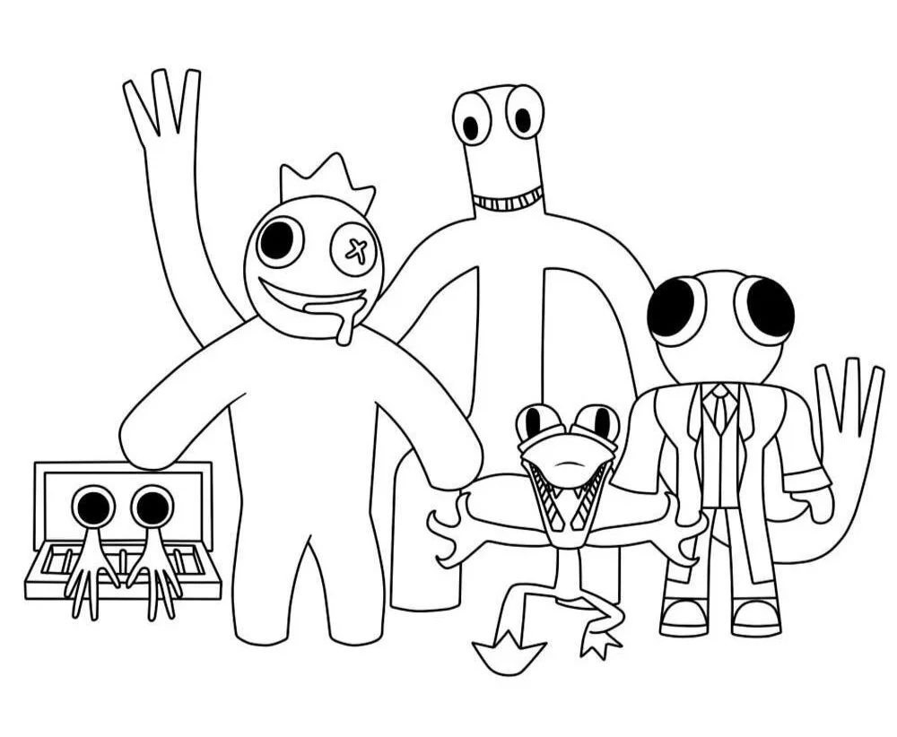 Os Rainbow Friends na sala de jogos para colorir