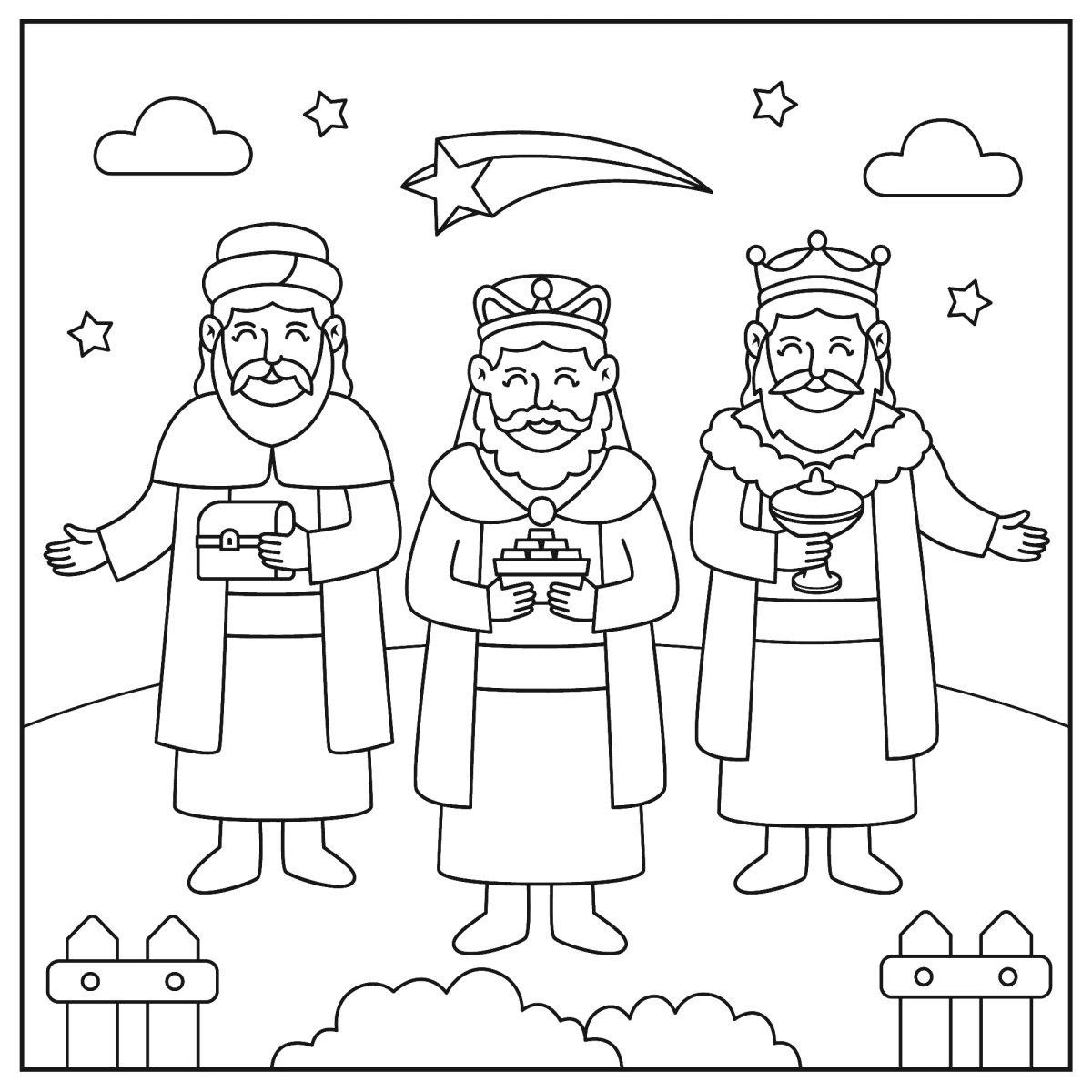 Os Três Reis Magos com presentes e a estrela para colorir