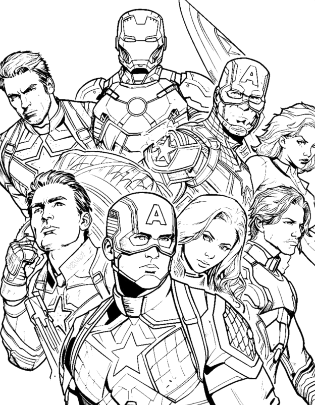 Os Vingadores lado a lado prontos para a missão para colorir