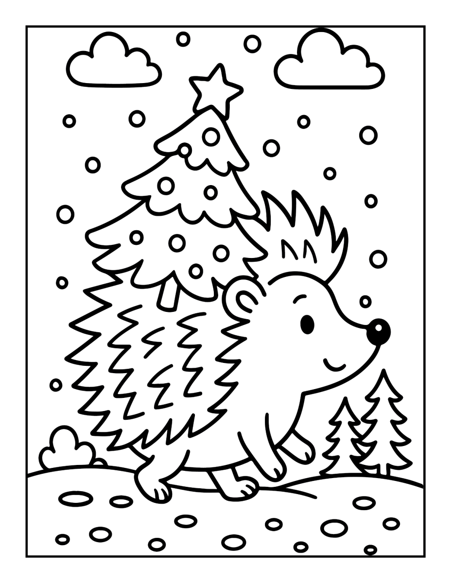 Ouriço ao lado da árvore de Natal para colorir