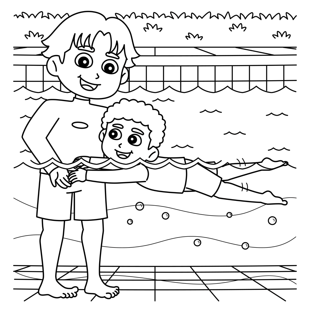 Pai ensinando o filho a nadar na piscina para colorir