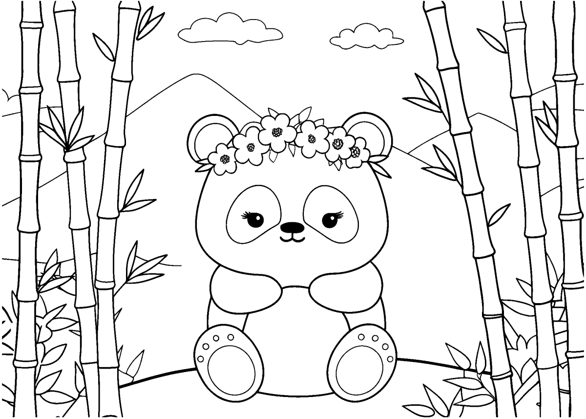 Panda com coroa de flores na floresta de bambu para colorir
