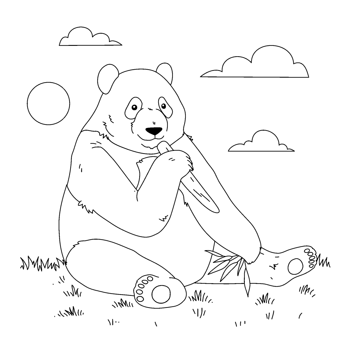 Panda comendo bambu no campo com nuvens para colorir